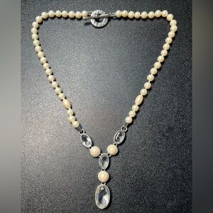 Monet Vintage Silver Tone Faux Pearl Clear Stones V Drop Dangke Necklace